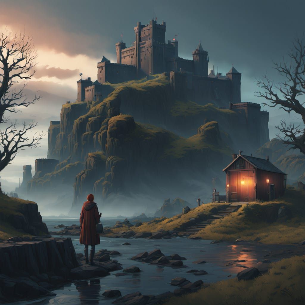 Enchanting Fortress Scene with Mystic Woman