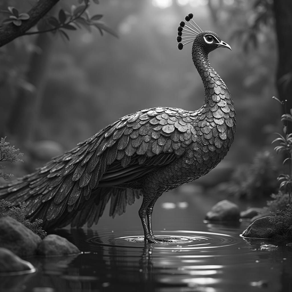 Hyperrealistic Glass Peacock by a Serene Pond