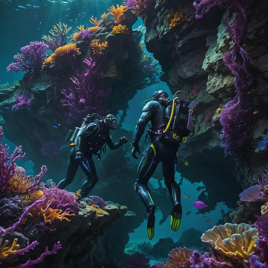 Underwater Scuba Divers in Surreal Oil Painting