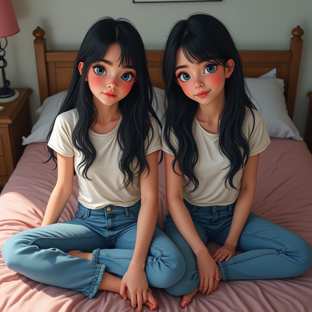 Twin Sisters Portrait in Hyper-Realistic Style