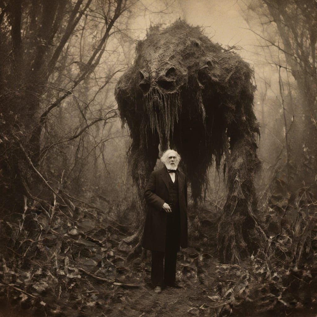 Old Man and Giant Monster in Vintage Style