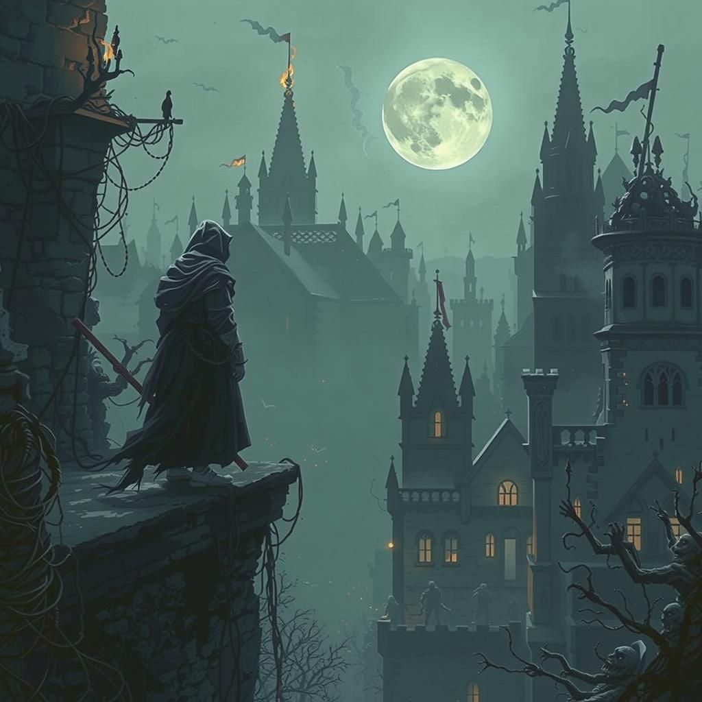 Mage Overlooks Burning Medieval City