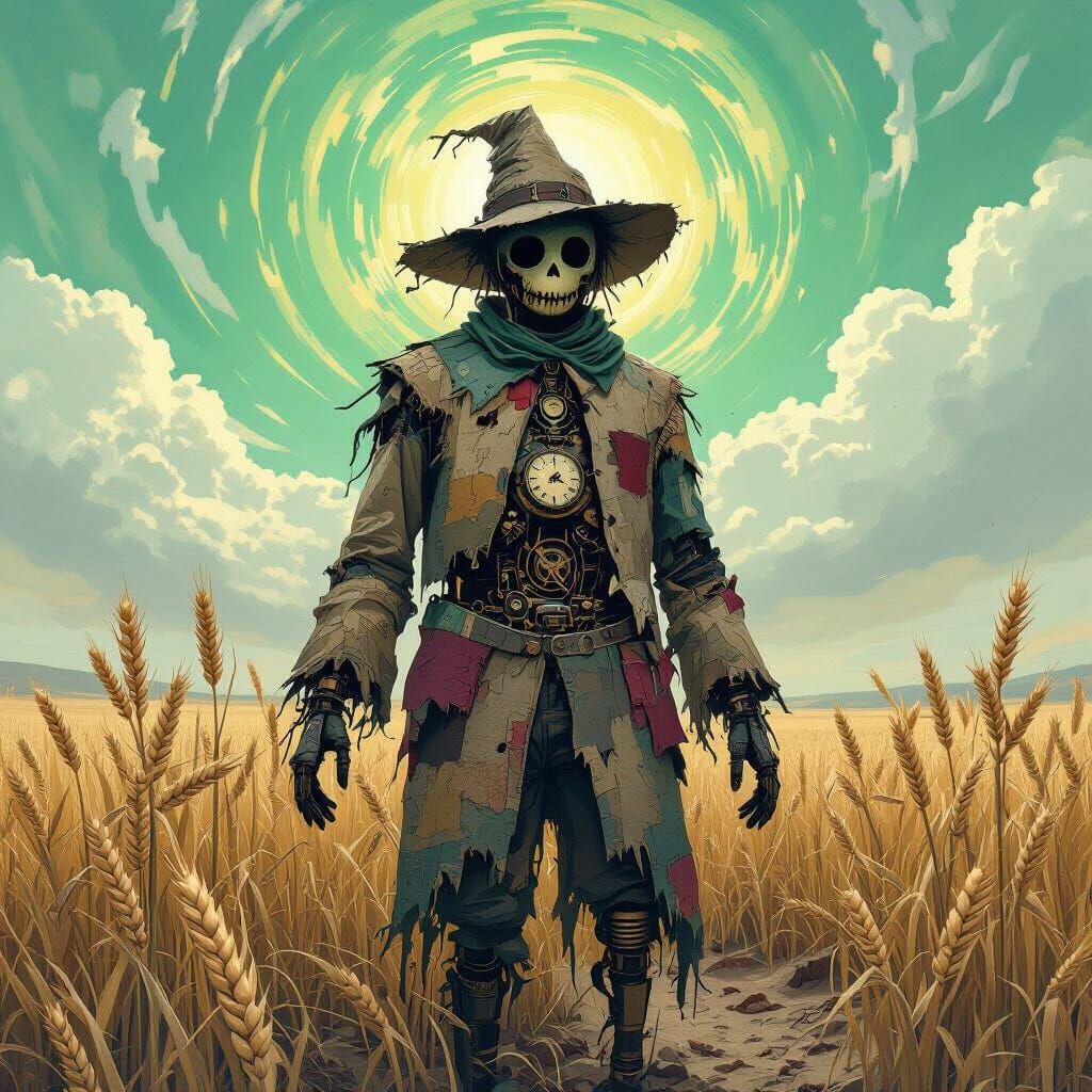 Steampunk Scarecrow Guarding Crystalline Wheat Field