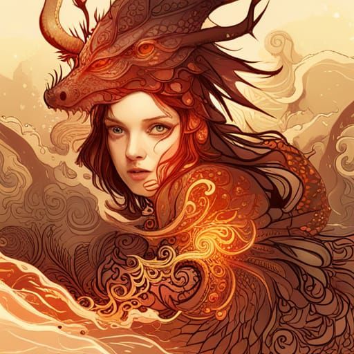 Fiery Dragon Digital Painting with Golden Outlines