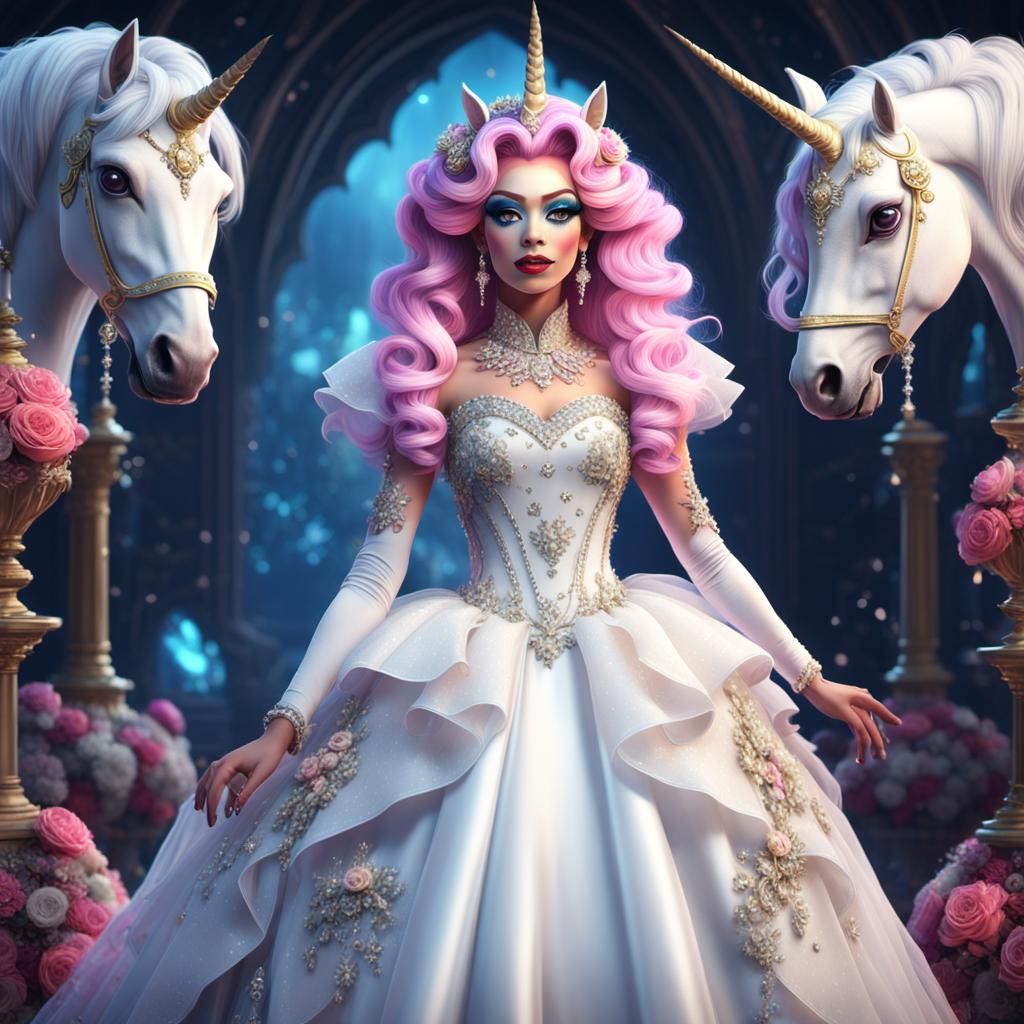 Detailed Drag Queen in Wedding Dress with Unicorn Hair