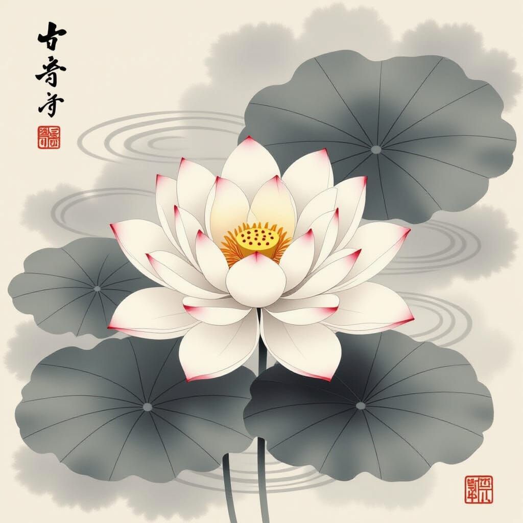 Serene Lotus Flower in Sumi-e Style