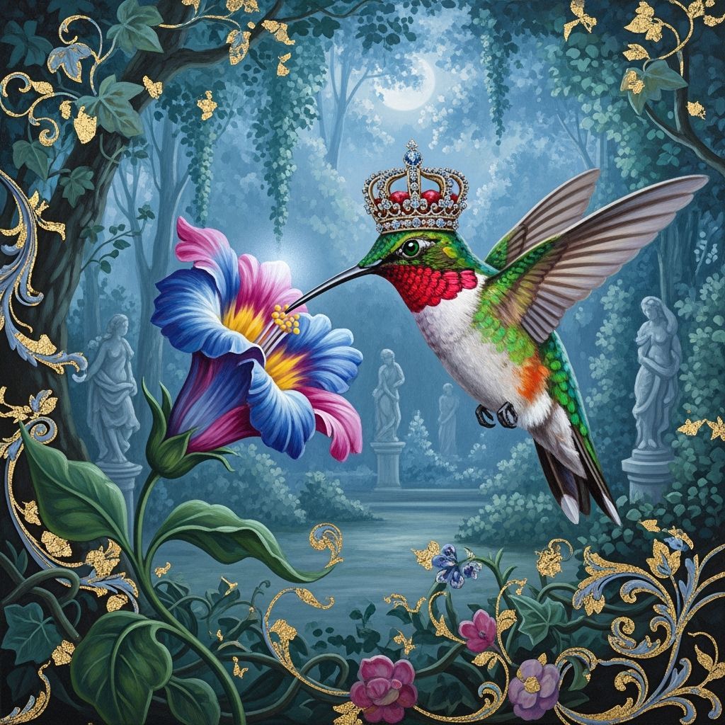Hummingbird with Emerald Eyes in Rococo Style