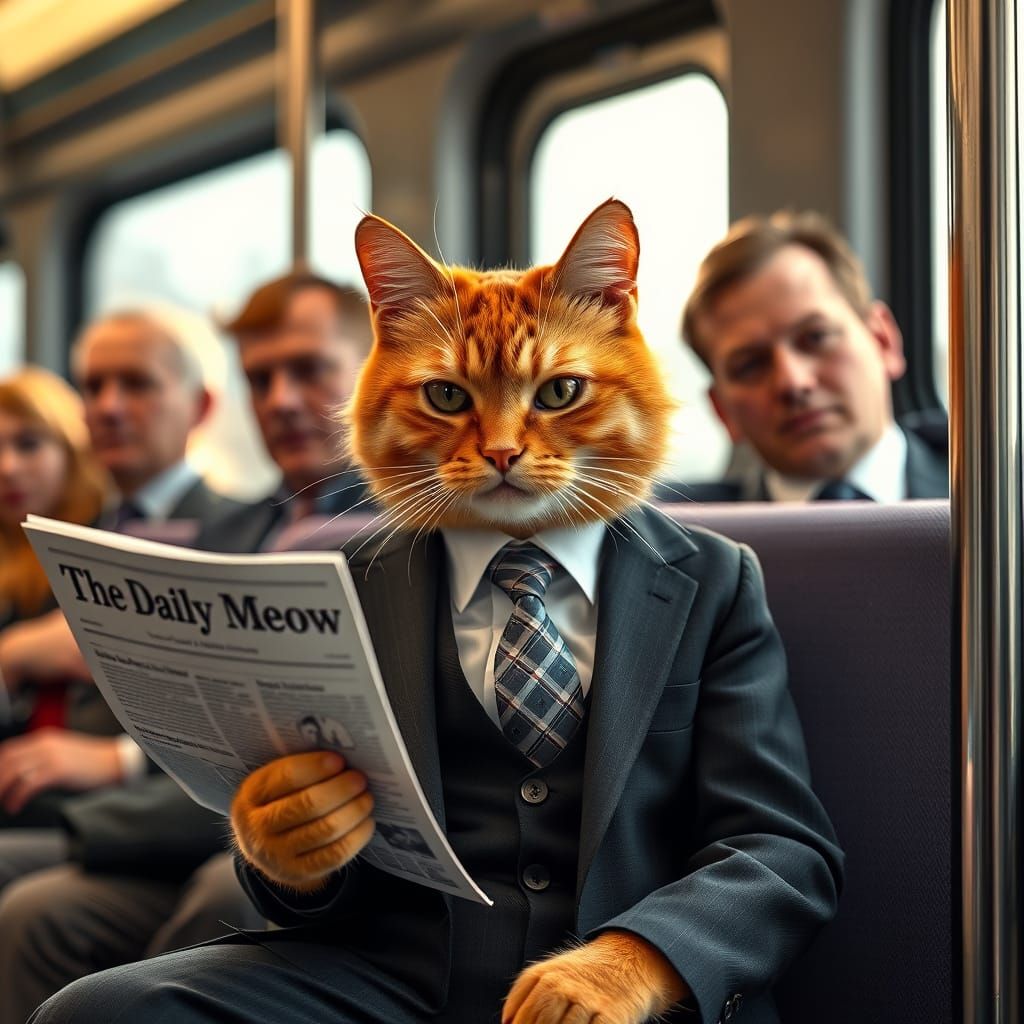 Ginger Cat in Business Suit Reads Newspaper on Commuter Trai...