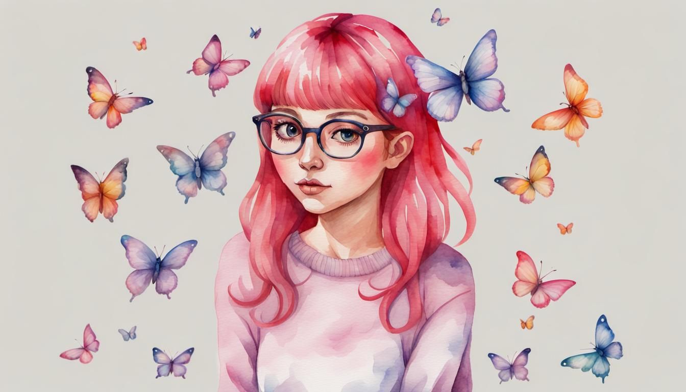 Watercolor Painting of Woman with Butterflies