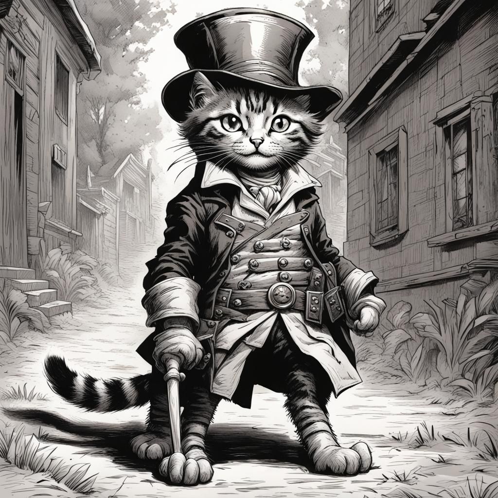 Tabby Kitten Highwayman in Tenniel Style Drawing