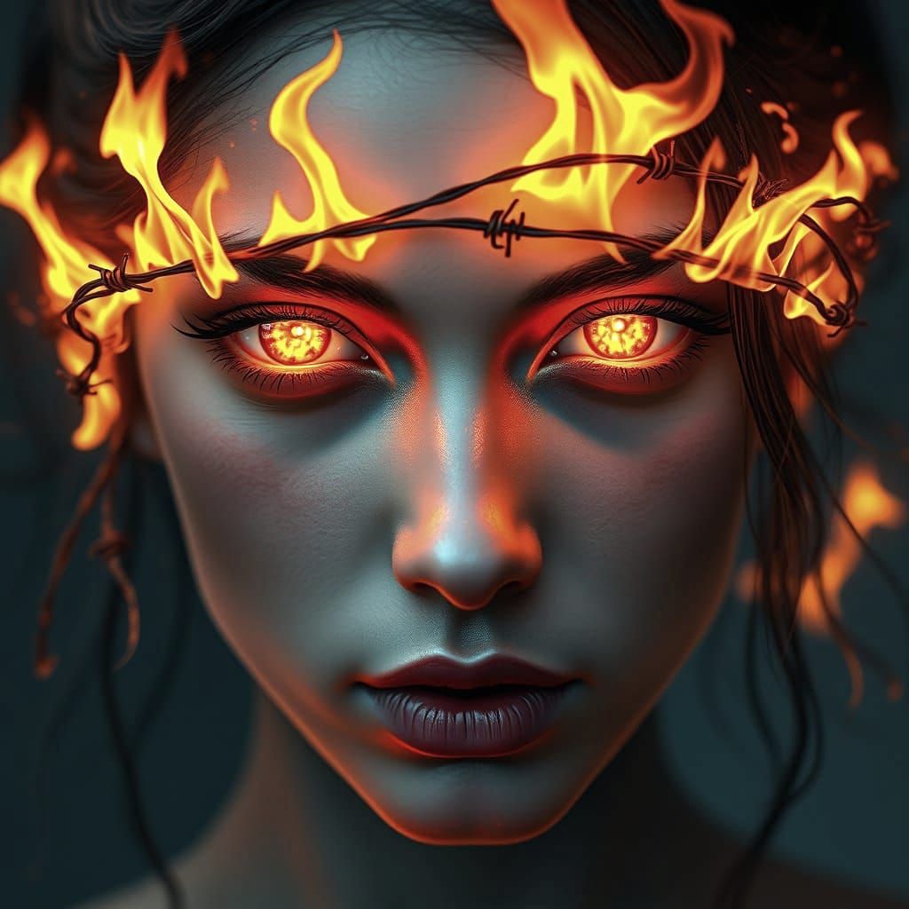 A photo of a woman's face with a barbed wire tattoo around her eyes. The barbed wire is made of flames, which emit a fie...