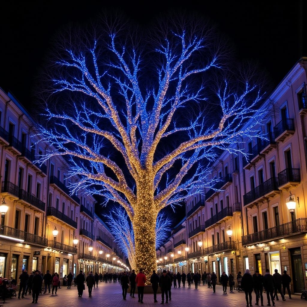 Majestic Christmas Tree in Town Square at Sunset