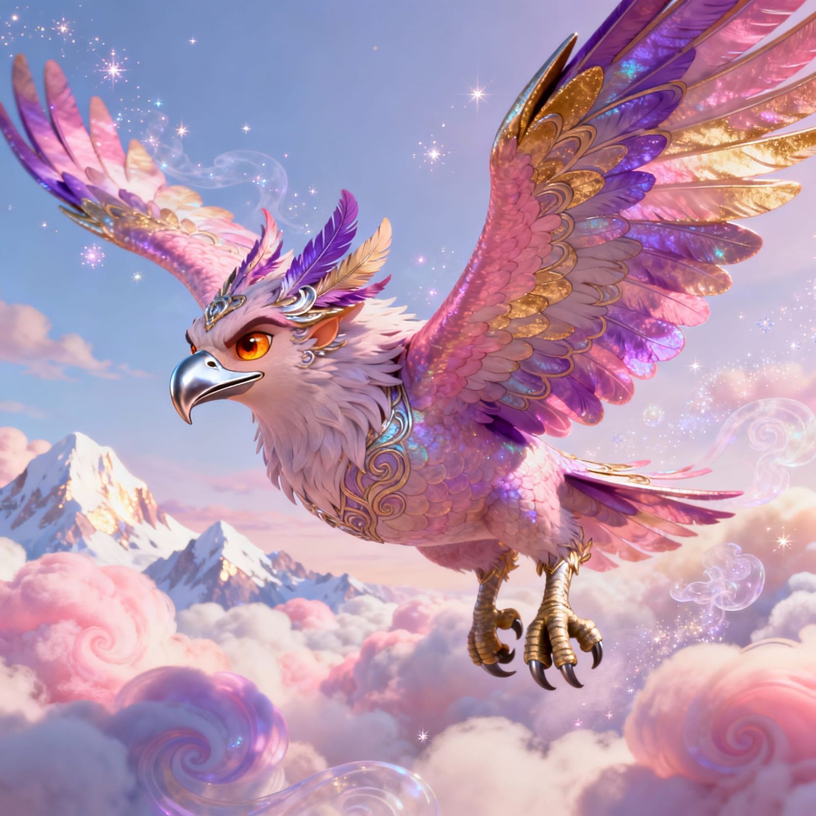 Majestic Griffin Soars in Cotton Candy Sky