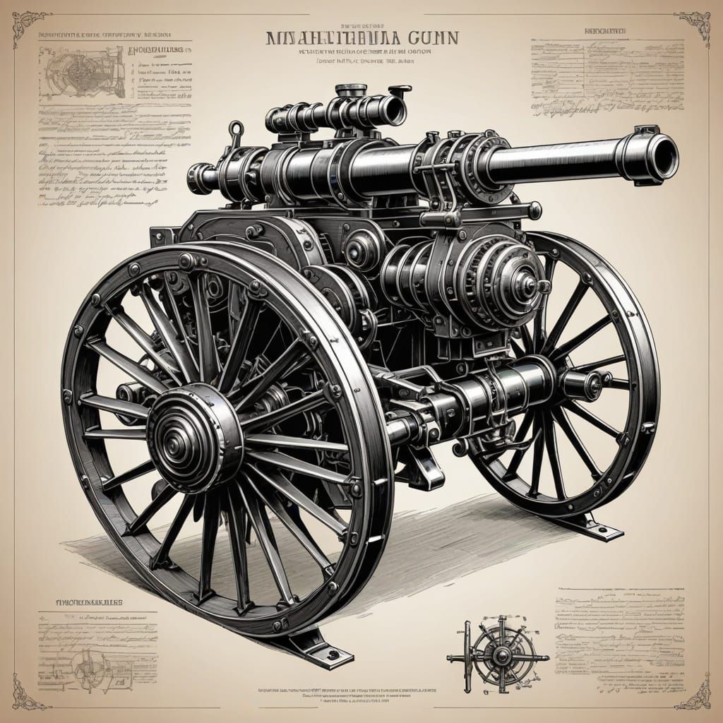 Historic Maxim Machine Gun Technical Illustration