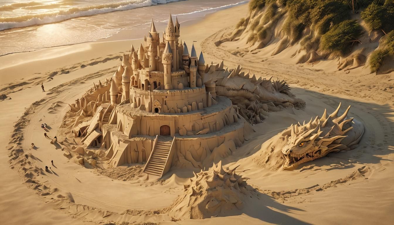 Sand Dragon Attacks Gigantic Sandcastle, Photorealistic Art