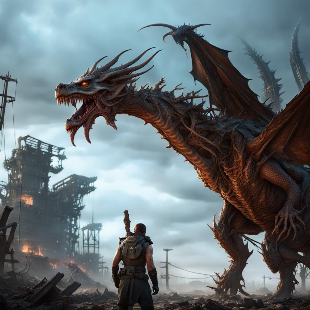 Post-Apocalyptic Dragon Mutant with Junkyard Armor