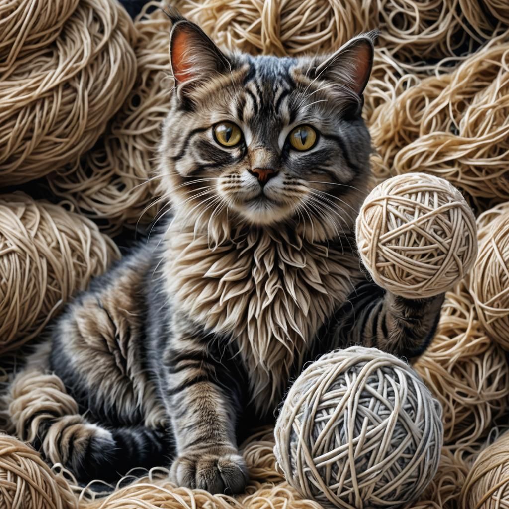 Hyperrealistic Cross-Stitched Yarn Cat with Ball