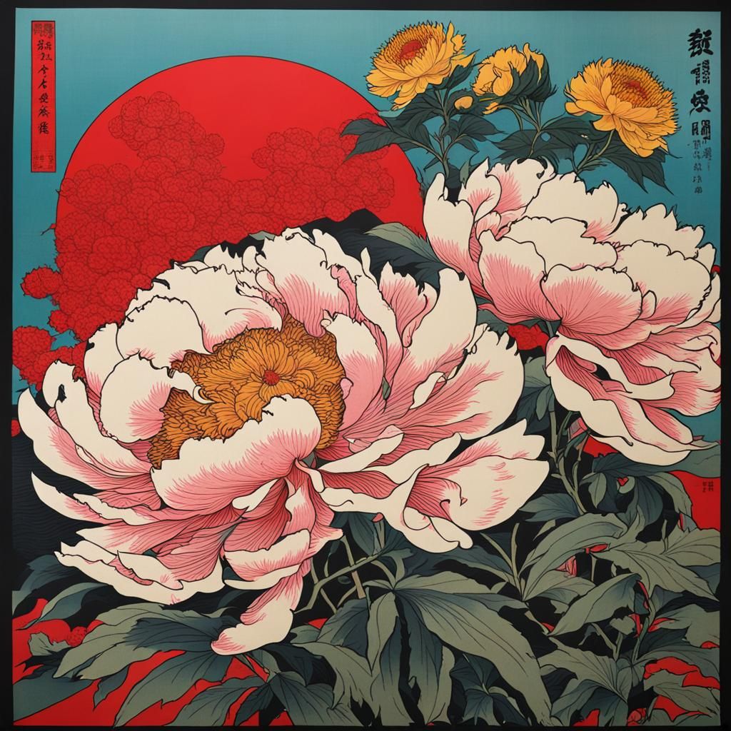 Giant Peonies in Ukiyo-e Graffiti Style