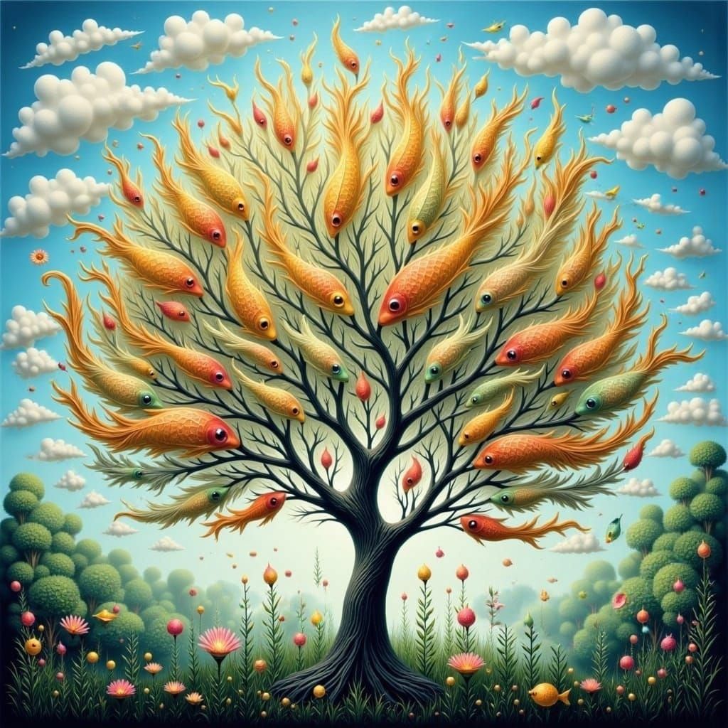 Dreamlike Tree with Fish-Shaped Leaves in Vibrant Colors