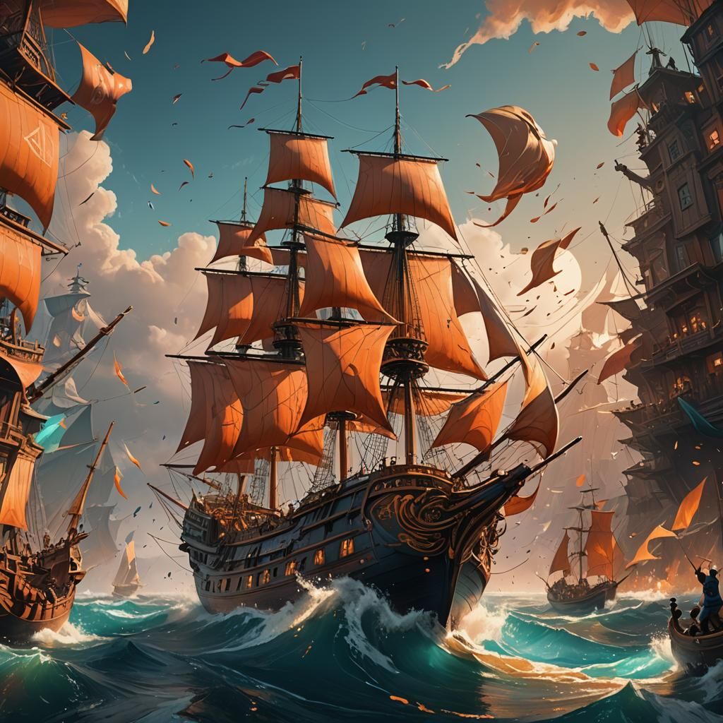 Musical Notes Transform into Ships, Art Nouveau Style