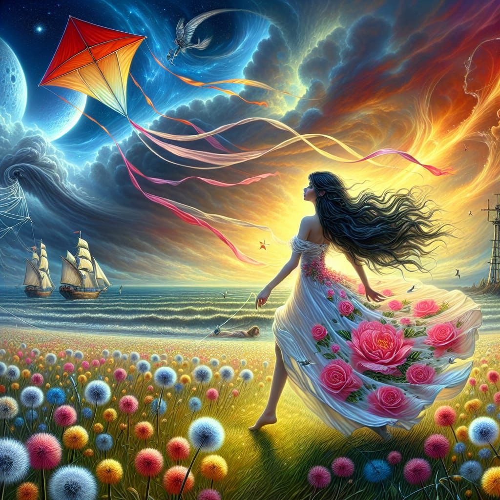 Enchanting Fairy Pursues Kite in Surreal Landscape