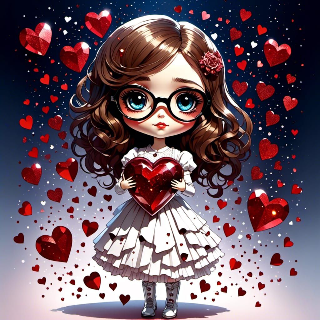 Chibi Girl with Heart in Glittery Dress