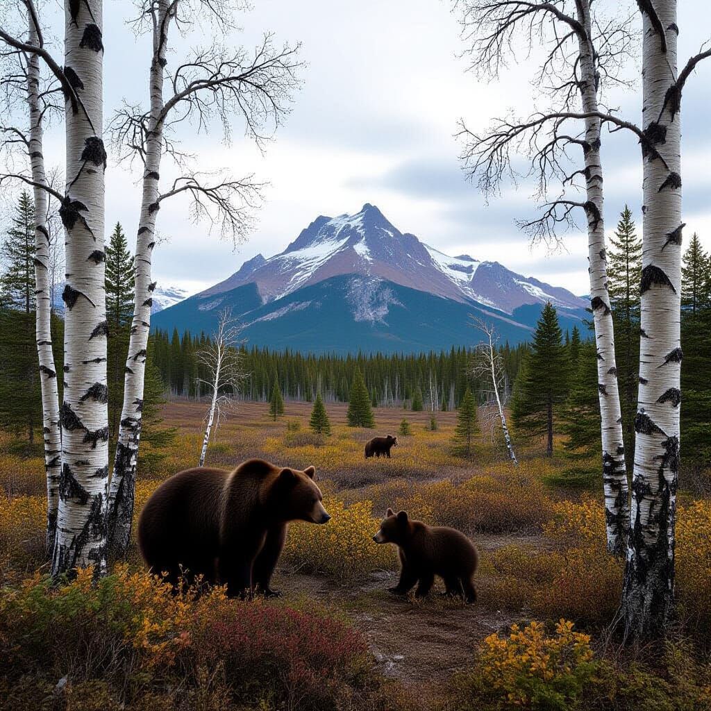 Black Bear Family in Birch Forest