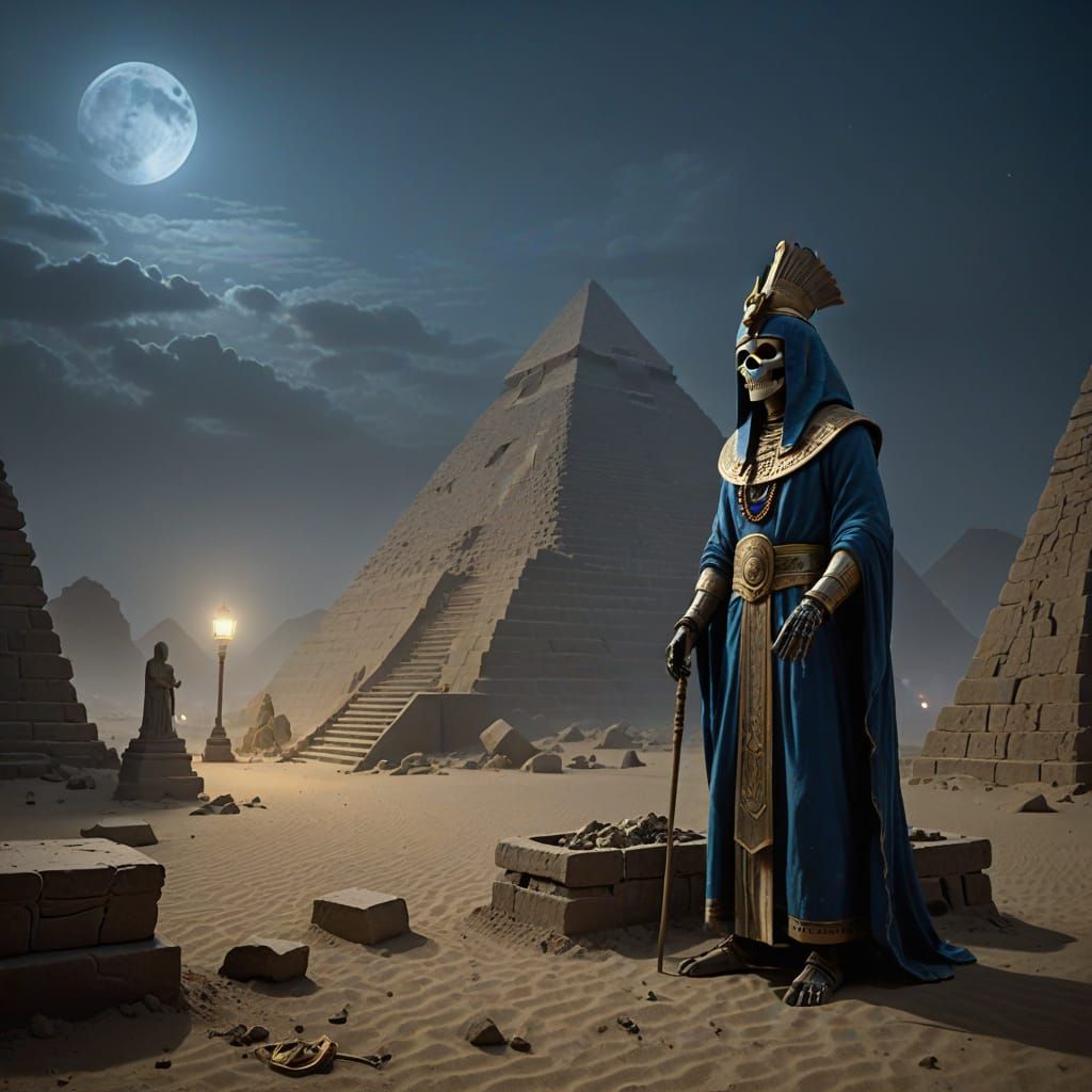Eerie Pharaoh in Desert Pyramid Scene