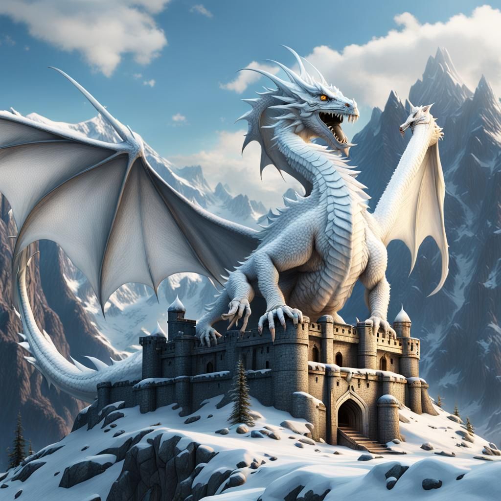 White Dragon on Snow Mountain Fortress: Detailed Matte Paint...