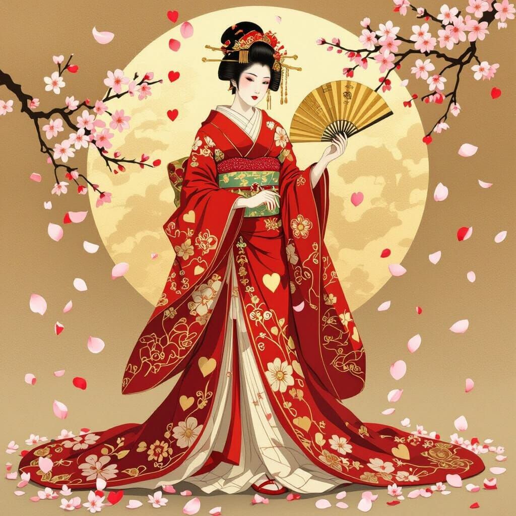Queen of Hearts as Courtesan Empress in Ukiyo-e Style