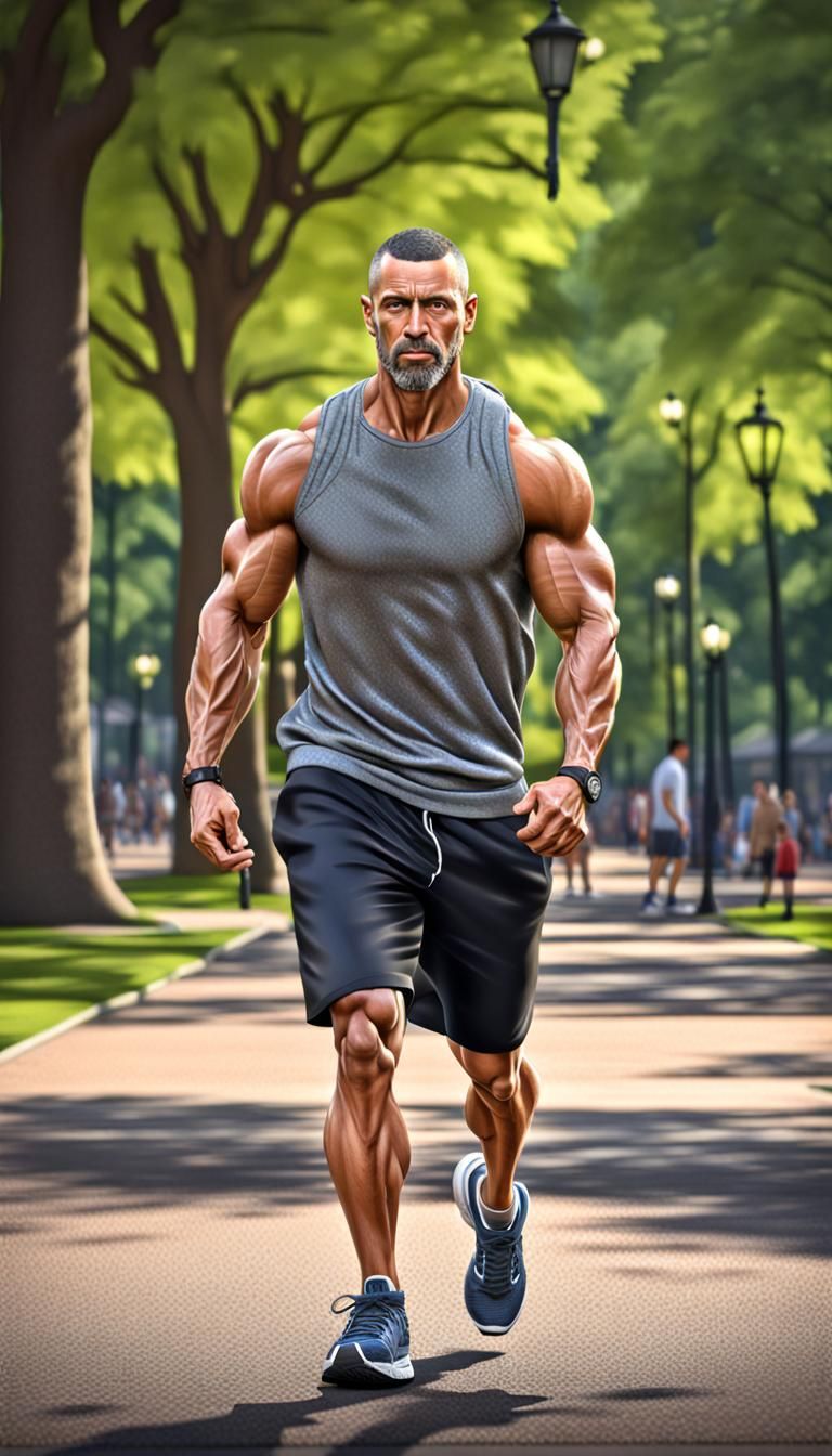 Muscular Man Jogging in Park, Photorealistic HDR