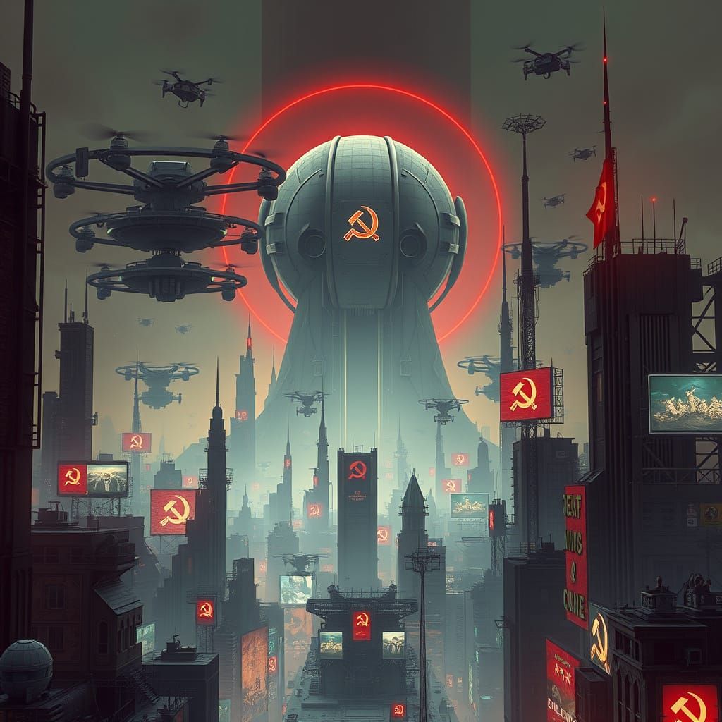 Gritty Dystopian Cityscape Under Omnipresent AI Control