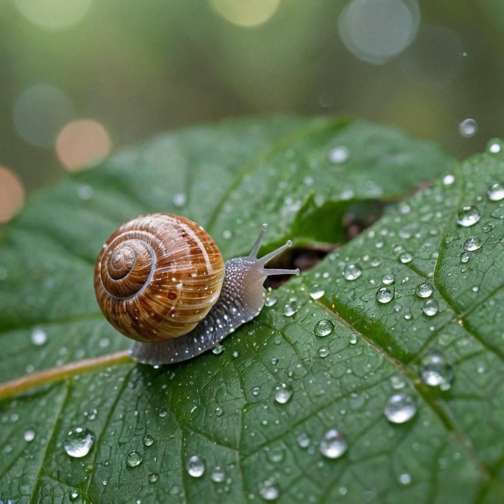 Macro Snail on Leaf with Water Droplets