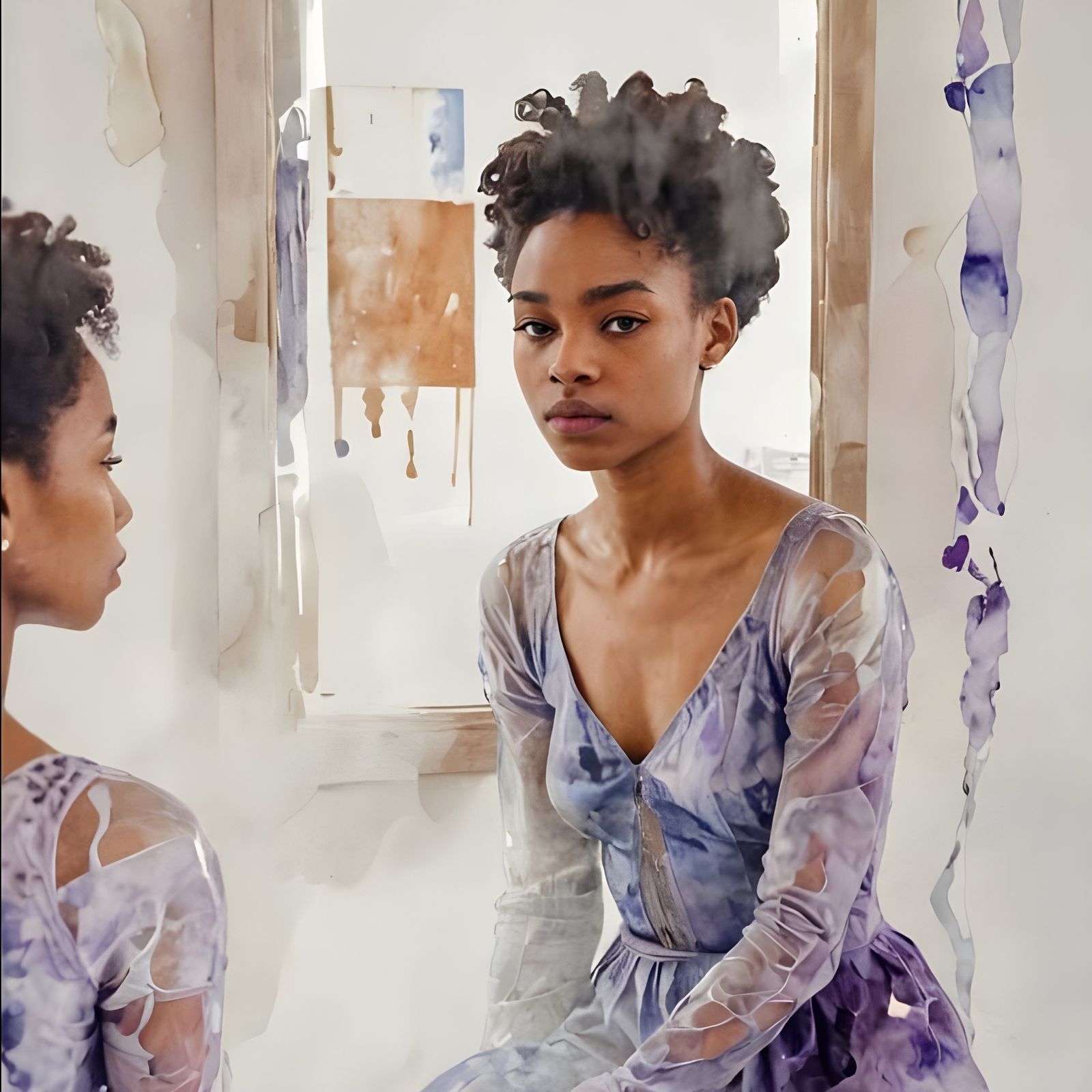 Watercolor Portrait of a Black Woman with Double Exposure