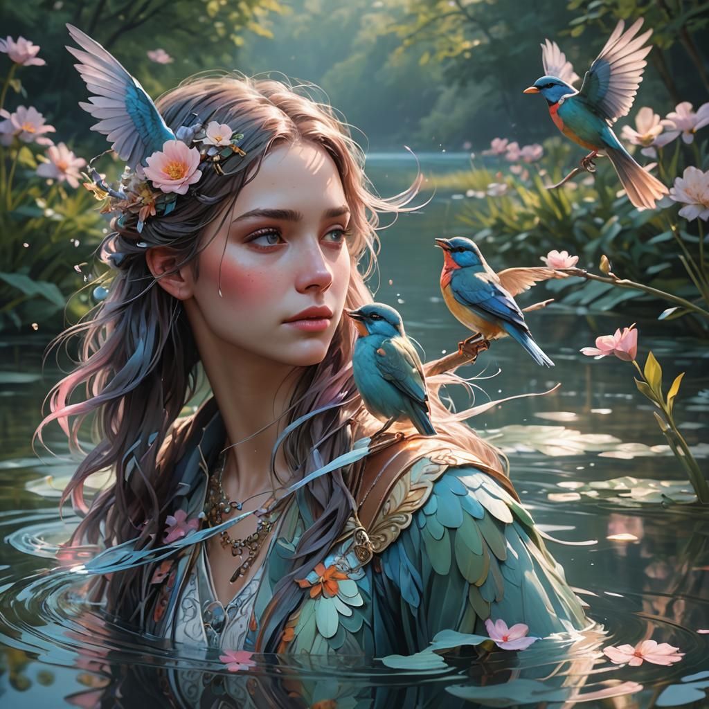 Pastel Bird Portrait in Lake, Hyperdetailed Art