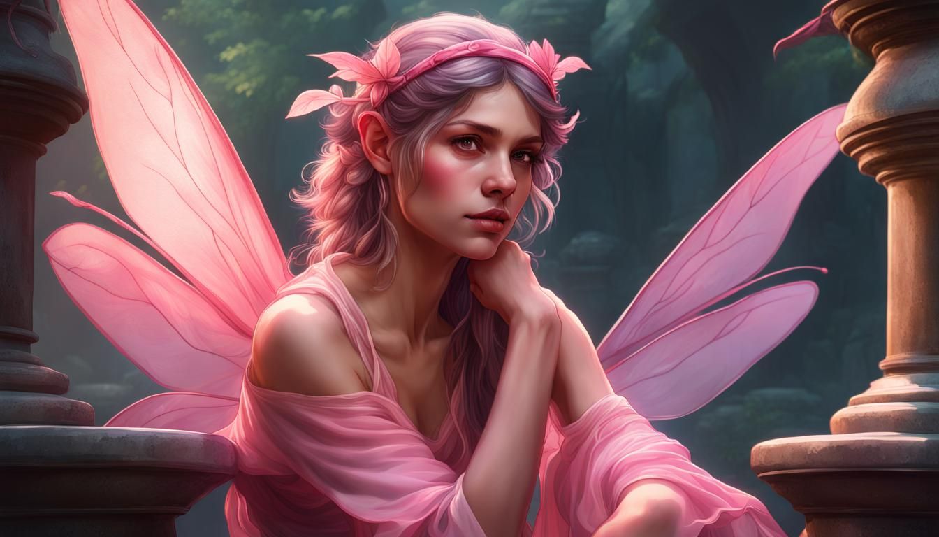 Pink Fairy Portrait in Hyperdetailed Splash Art Style