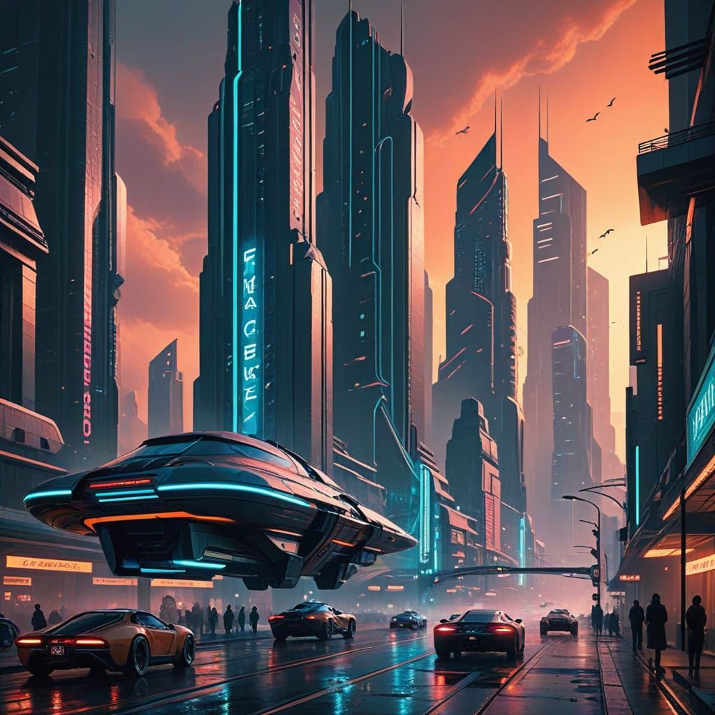 Retro-Futuristic Metropolis at Dusk