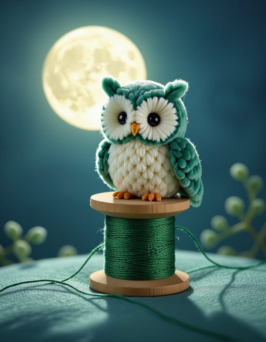 Tiny Velvet Owl on Thread Spool Under Moonlight