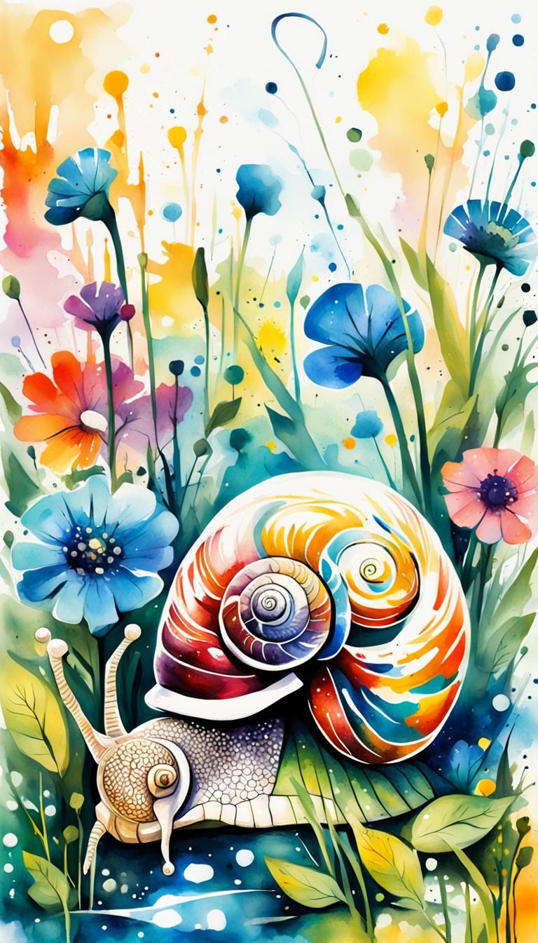 Cubist Snail in Watercolor Flower Meadow
