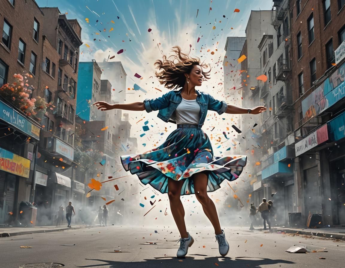 Woman Dancing in City Street with Floral Double Exposure