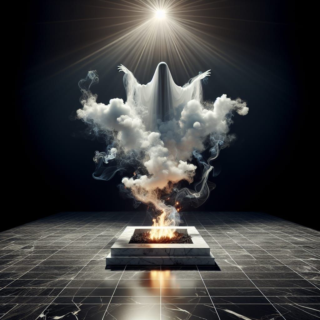 Ethereal Ghost Rising from Campfire in Celestial Light