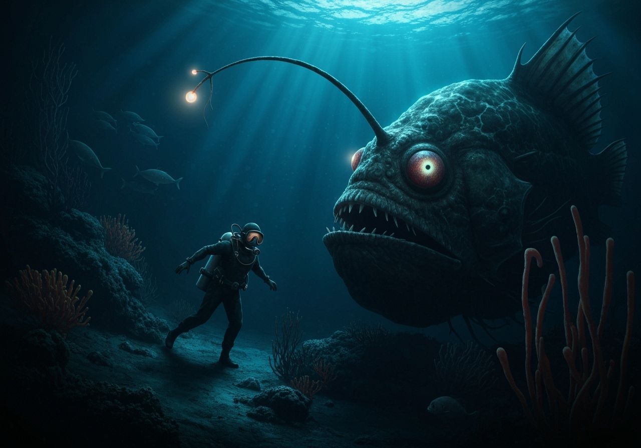 Diver Confronts Anglerfish in Bioluminescent Deep Sea