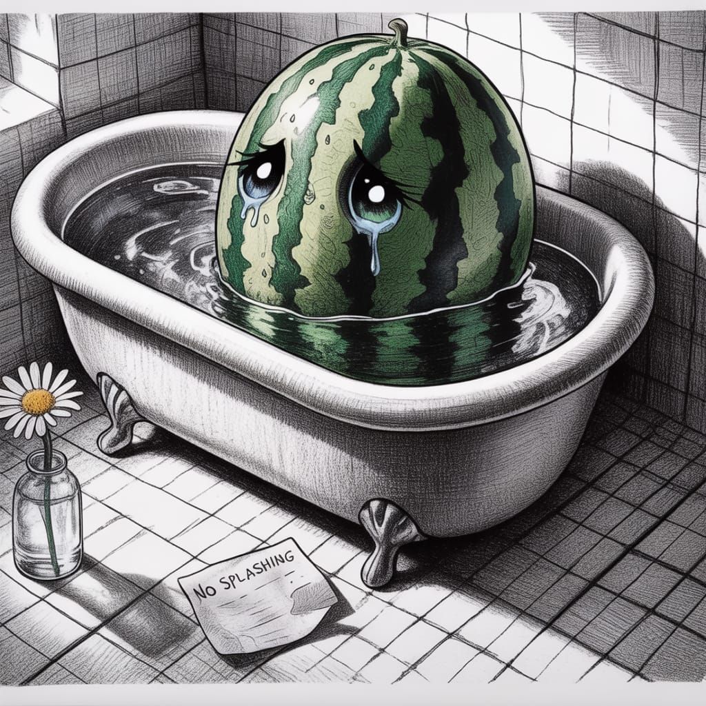Sad Watermelon in Bathtub Ink Drawing