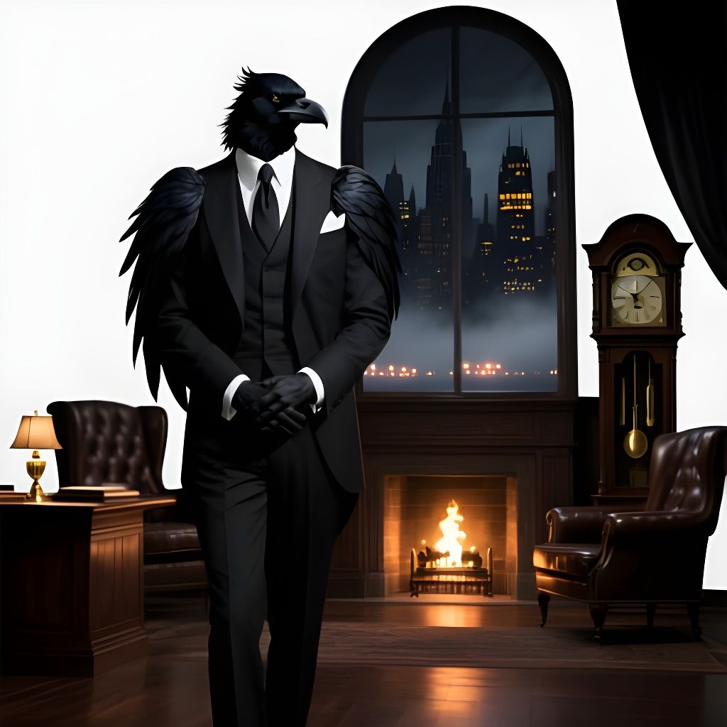 Distinguished Raven in a Luxurious Study, Cinematic Portrait