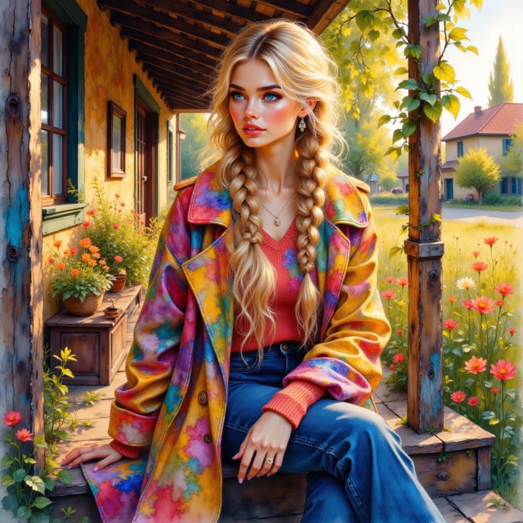 Woman in Braids on Rustic Porch in Vibrant Maximalist Style