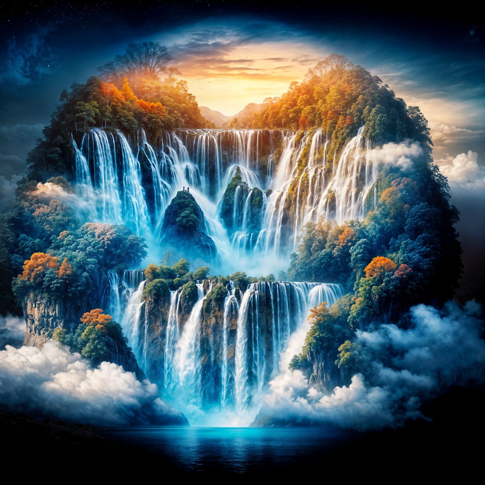 Surreal Double Exposure: Waterfall Merging with Dreamy Sky