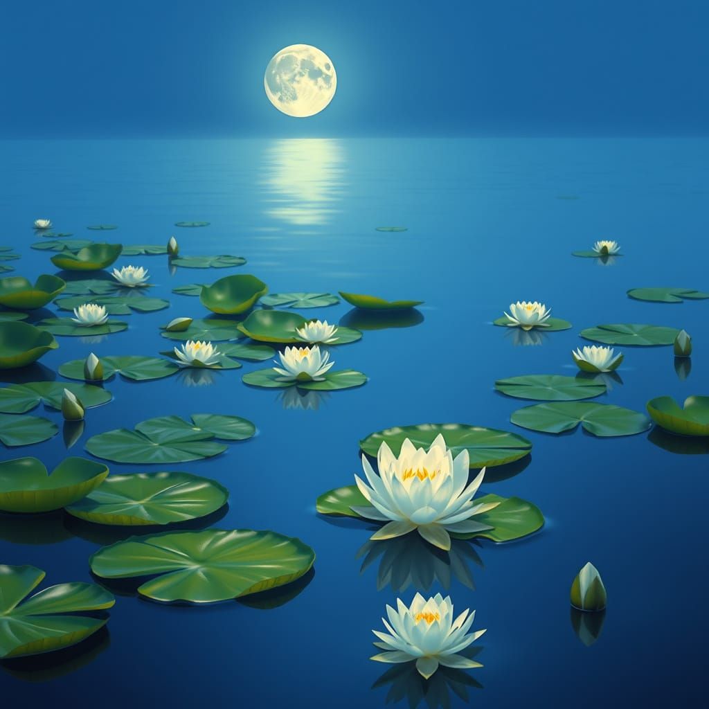 Moonlit Water Lilies in Impressionistic Style