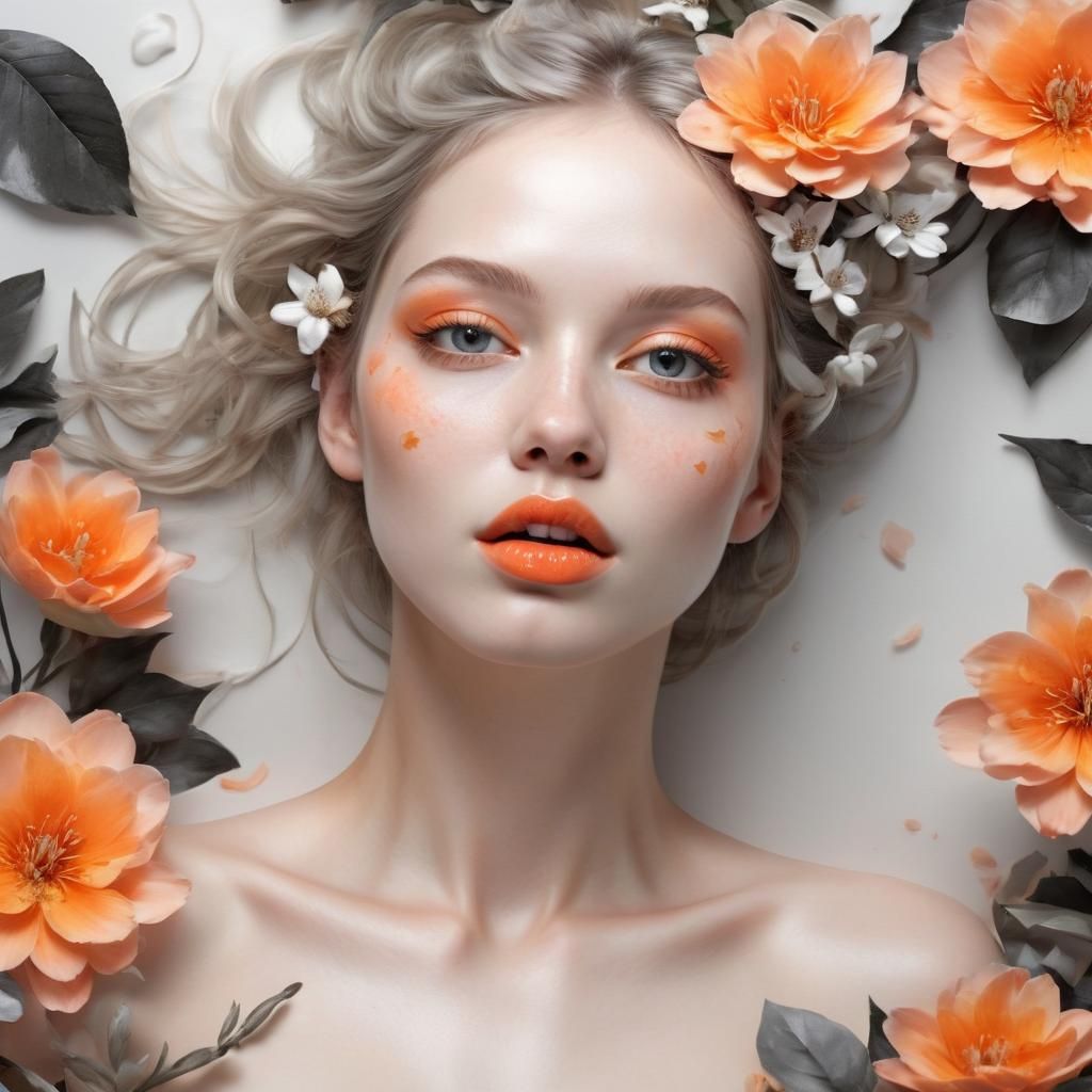 Woman with Floral Face in Hyperrealistic Watercolor Style