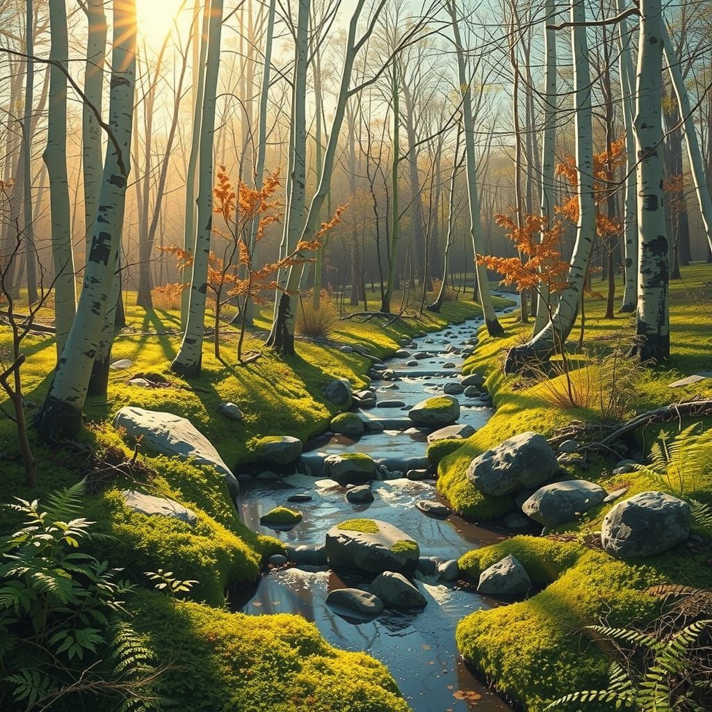 Vibrant Springtime Woodland Scene with Birches and Stream