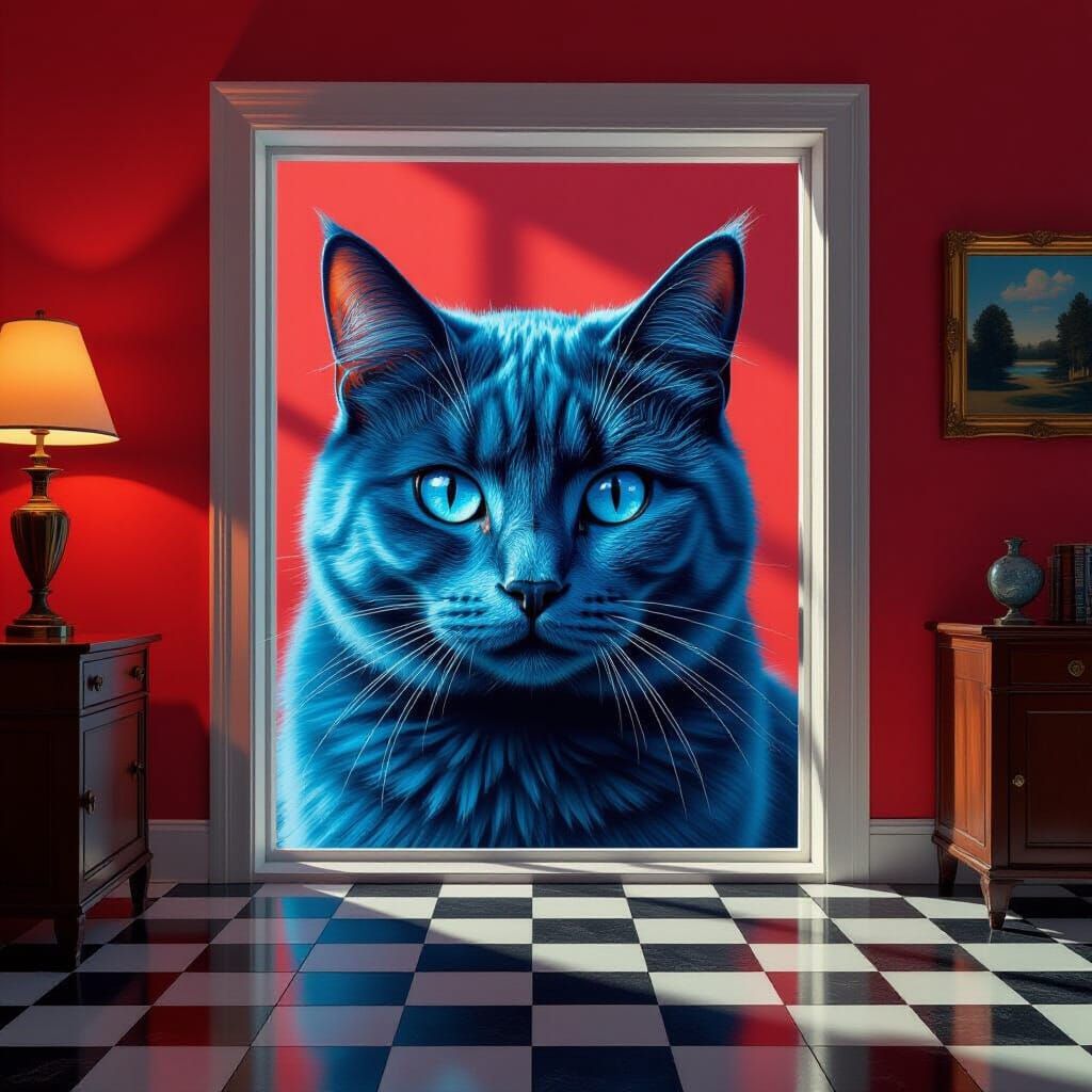 Giant Blue Cat Head Appears At Window Surreal Scene